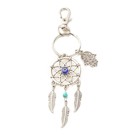 Porte-clés pendentif en alliage de style tibétain, avec des perles turquoises synthétiques et des perles au chalumeau mauvais œil faites à la main et des accessoires en alliage et fer, filet/toile tissé avec plume et main hamsa