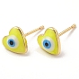 Enamel Heart with Evil Eye Stud Earrings, Real 18K Gold Plated Brass Jewelry for Women