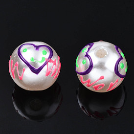 ABS Plastic Imitation Pearl Beads, with Enamel, Round with Heart & Word Wow