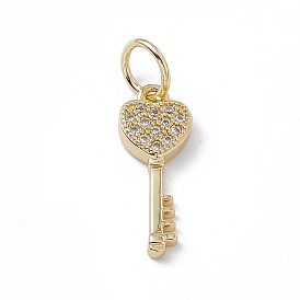 Rack Plating Brass Micro Pave Cubic Zirconia Pendants, Cadmium Free & Lead Free, Long-Lasting Plated, with Jump Ring, Heart Key Charm
