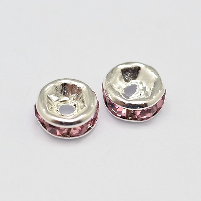 Rack Plating Rondelle Brass Grade A Rhinestone Spacer Beads, Silver Color Plated, 4x2mm, Hole: 0.5mm