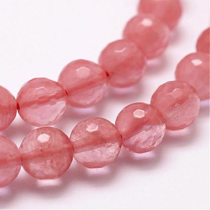 Perles de verre de quartz cerise brins, facette, ronde