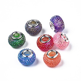Opaque Resin European Beads, Large Hole Beads, Bayberry Beads, with Platinum Tone Brass Double Cores, AB Color, Rondelle