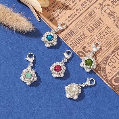 K9 Glass Rhinestone & Shell Pearl Bead Pendant Decoration, with 304 Stainless Steel Lobster Claw Clasps, Flower