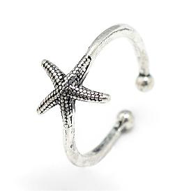 Adjustable Alloy Cuff Finger Rings, Starfish/Sea Stars, Size 7