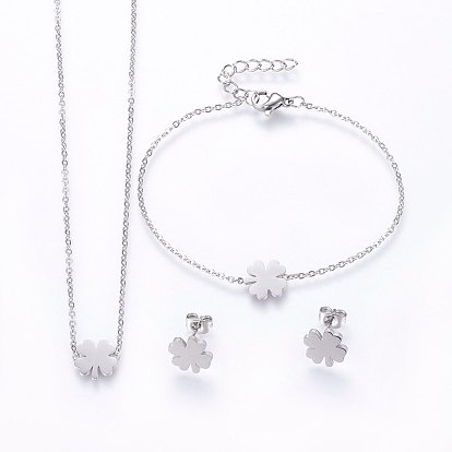304 Stainless Steel Jewelry Sets, Pendant Necklaces & Stud Earrings & Bracelets, Clover