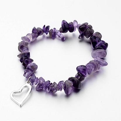 Alloy Charm Bracelets, Heart, with Natural Gemstone Chip Beads and Elastic Crystal Thread, Silver Color Plated