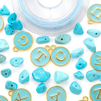 26Pcs Flat Round Initial Letter A~Z Alphabet Enamel Charms, 20G Synthetic Turquoise Chip Beads and Elastic Thread, for DIY Jewelry Making Kits