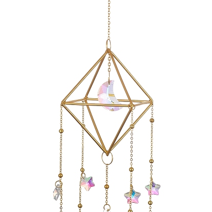 Geometric Metal Suncatchers Wall Hanging Decoration, for Home Offices Amulet Ornament, Moon with Star/Octagon with Teardrop