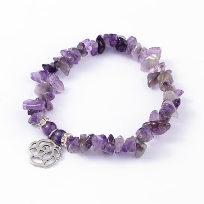 Natural Gemstone Beaded Stretch Bracelets, with 304 Stainless Steel Rose Charms, 53mm
