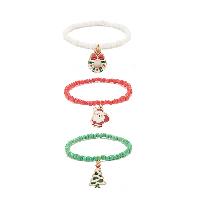 3 piezas 3 conjunto de pulseras elásticas de semillas de vidrio estilo, árbol de navidad y santa claus y corona pulseras con dijes de aleación con esmalte para mujeres