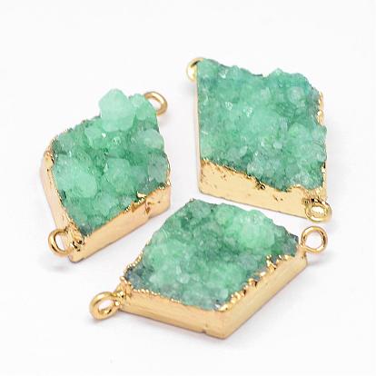 Electroplated Natural & Dyed Druzy Agate Links Connectors, with Golden Plated Brass Findings, Rhombus