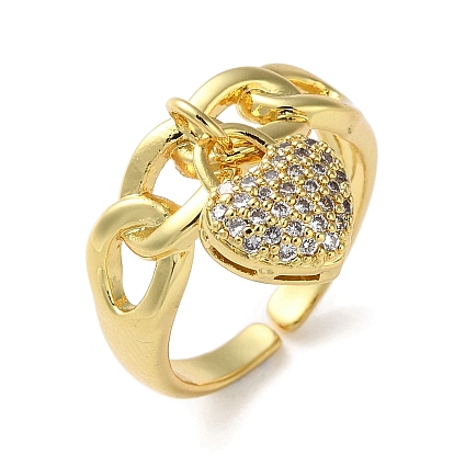 Rack Plating Brass Cubic Zirconia Open Cuff Rings, Heart Charm Ring, Cadmium Free & Lead Free