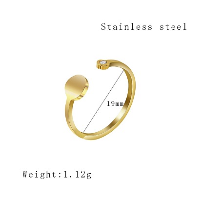 Stainless Steel Flat Round Open Cuff Ring with Cubic Zirconia