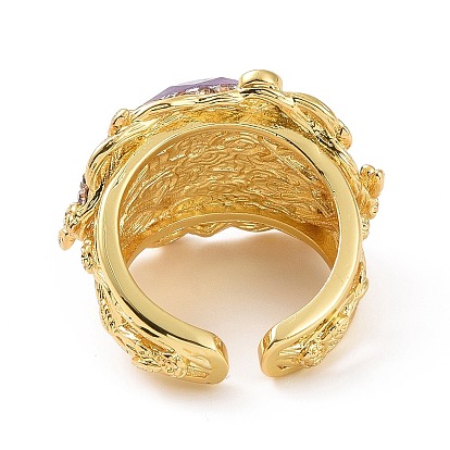 Anillo de puño abierto ovalado de amatista natural con pedrería, anillo ancho de latón dorado para mujer