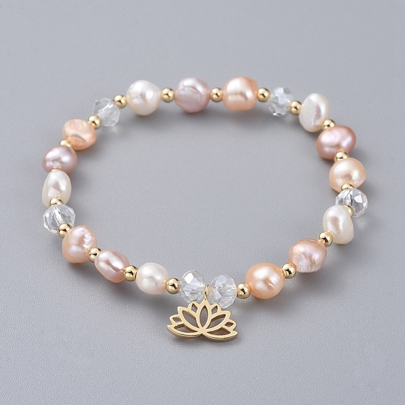 Charm Bracelets, with Natural Cultured Freshwater Pearl Beads, Glass Beads, Brass Round Spacer Beads and Brass Pendants, Lotus Flower, with Burlap Bags