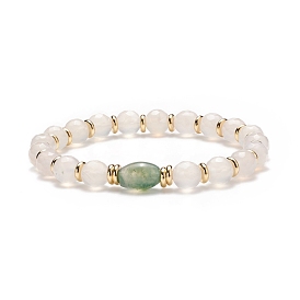 Natural Moss Agate Oval & White Agate Beaded Stretch Bracelet, Gemstone Jewelry for Women