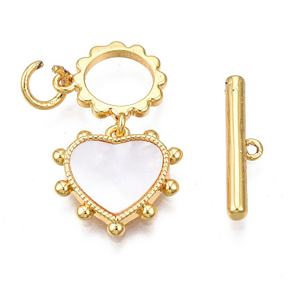 Brass Toggle Clasps, with Freshwater Shell, Cadmium Free & Nickel Free & Lead Free, Heart