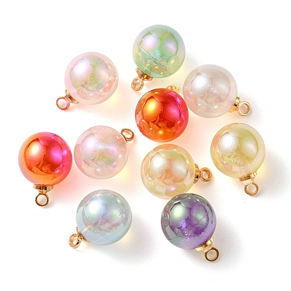 10Pcs UV Plating Acrylic Pendants, with Light Gold Tone Brass Findings, Round Charm