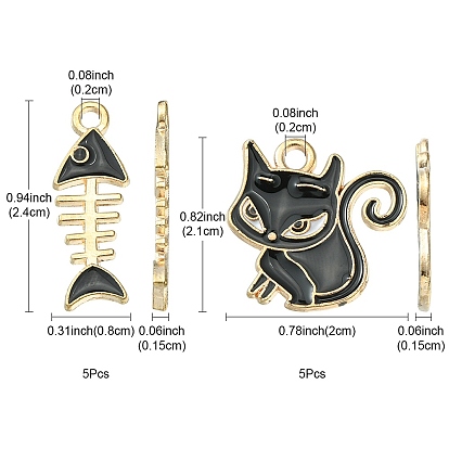 10Pcs 2 Styles Alloy Enamel Pendants, Cat & Fish Bone, Light Gold