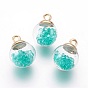 Transparent Glass Bottle Pendants, with Glass Rhinestone Inside and  Eco-Friendly Plastic Bottle Caps, Round