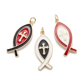 Real 18K Gold Plated Brass Pendants, with Enamel, Long-Lasting Plated, Christian Ichthys Ichthus with Cross
