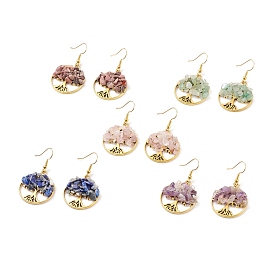 Natural Gemstone Chips Tree of Life Dangle Earrings, Gold Plated Brass Jewelry for Women
