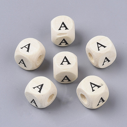 Perles de bois naturel imprimées, trou horizontal, cube avec la lettre initiale, papayawhip