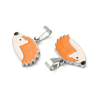 304 Stainless Steel Manual Polishing Pendants, with Enamel and 201 Stainless Steel Clasp, Hedgehog Charm