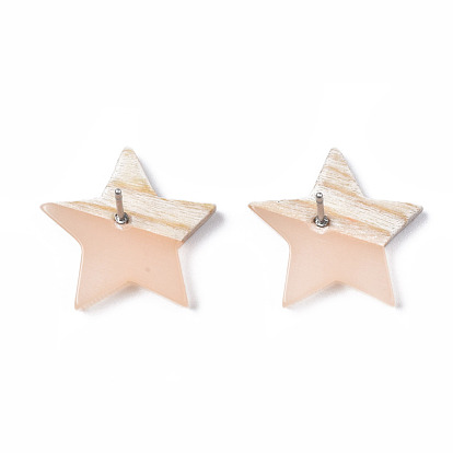Transparent Resin & Wood Stud Earrings, with 304 Stainless Steel Pin, Star