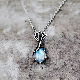 Moonstone Pendant Necklace - Vintage Floral Jewelry, Unique Design, European and American Style.