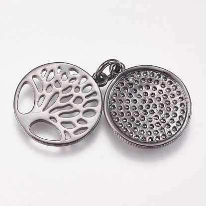 Brass Micro Pave Cubic Zirconia Pendants, Flat Round with Tree of Life