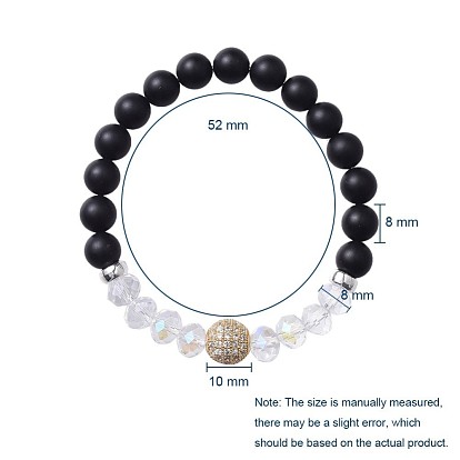Natural Black Agate(Dyed) Stretch Bracelets, with Faceted Glass Beads and Rack Plating Brass Cubic Zirconia Beads