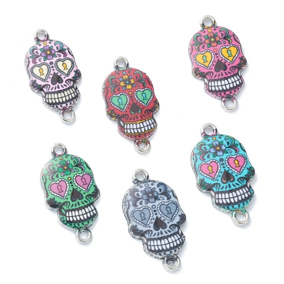 Alloy Enamel Links Connectors, Sugar Skull, for Mexico Holiday Day of the Dead, Platinum