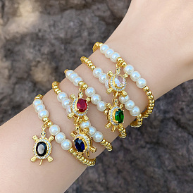 Colorful Zircon Sea Turtle Pendant Bracelet with Pearl Beads - Ocean Style