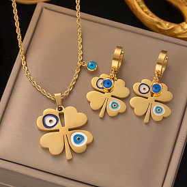 Fashion Blue Eye Clover Pendant Titanium Steel Necklace Set for Women