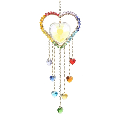 Décoration pendentif coeur en verre, attrape-soleil suspendus, avec 304 anneaux brisés en acier inoxydable, pour la décoration