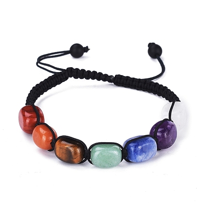 Chakra bijoux, bracelets de perles de nylon tressés réglables, avec des perles de pierres précieuses naturelles rectangulaires