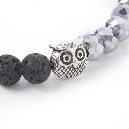 Electroplate Glass & Natural Lava Rock Stretch Bracelets, with Alloy Beads, Owl