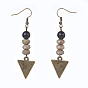 Gemstone and Sandalwood Beads Dangle Earrings, with Alloy Blank Tag Pendants and Brass Earring Hooks, Triangle, Antique Bronze