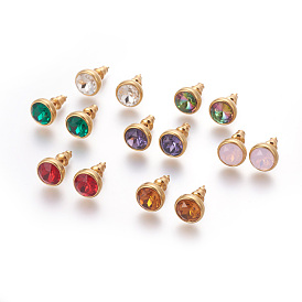 304 Stainless Steel Ear Studs, with Cubic Zirconia, Ion Plating (IP), Flat Round, Golden