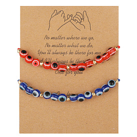 Boho Ethnic Woven Pull Bracelet Set with Evil Eye Beads - 2 Pieces