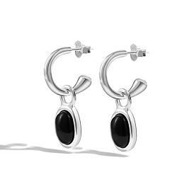 Natural Black Agate Oval Dangle Stud Earrings, S925 Sterling Silver Half Hoop Earrings, with S925 Stamp