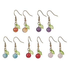Mixed Natural Gemstone Beaded Dangle Earrings, Round & Leaf, Golden 304 Stainless Steel Jewelry for Women