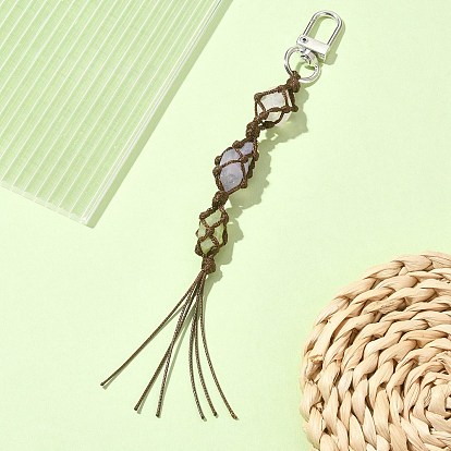Natural Quartz Crystal Macrame Pouch Tassel Pendant Decorations, with Alloy Swivel Clasps and Polyester Cord Tassel Decorations