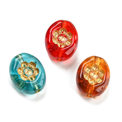 Plating Transparent Acrylic Beads, Golden Metal Enlaced, Oval with Flower