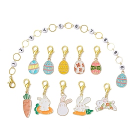 11 Kits de marcadores de puntadas de bloqueo y cadenas para tejer con cuentas acrílicas con tema de Pascua de estilo, con los colgantes de la aleación del esmalte, huevo/zanahoria/conejo