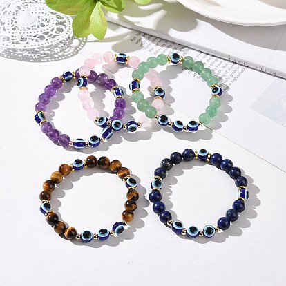 5Pcs Natural Lapis Lazuli(Dyed) & Amethyst & Tiger Eye & Green Aventurine Beads Stretch Bracelets Set, Evil Eye Resin Jewelry for Women Men