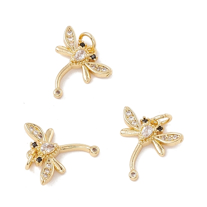 Brass Micro Pave Clear & Black Cubic Zirconia Charms, with Jump Ring, Cadmium Free & Lead Free, Dragonfly