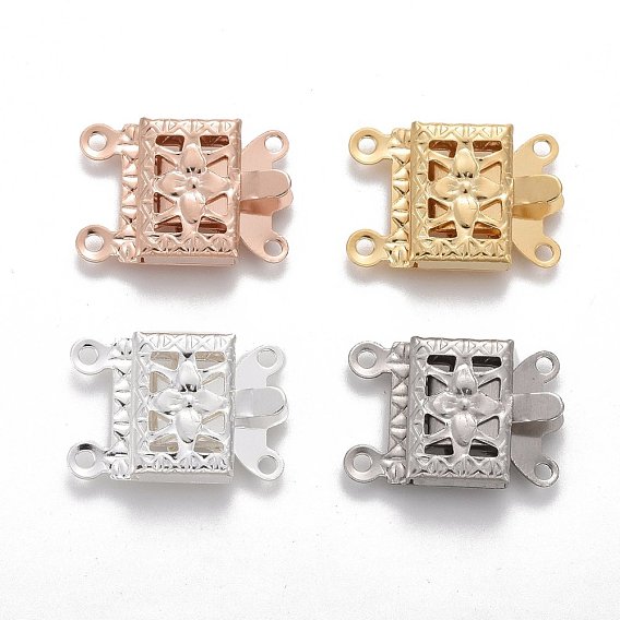 304 Stainless Steel Box Clasps, Multi-Strand Clasps, 2-Strands, 4-Holes, Rectangle with Flower